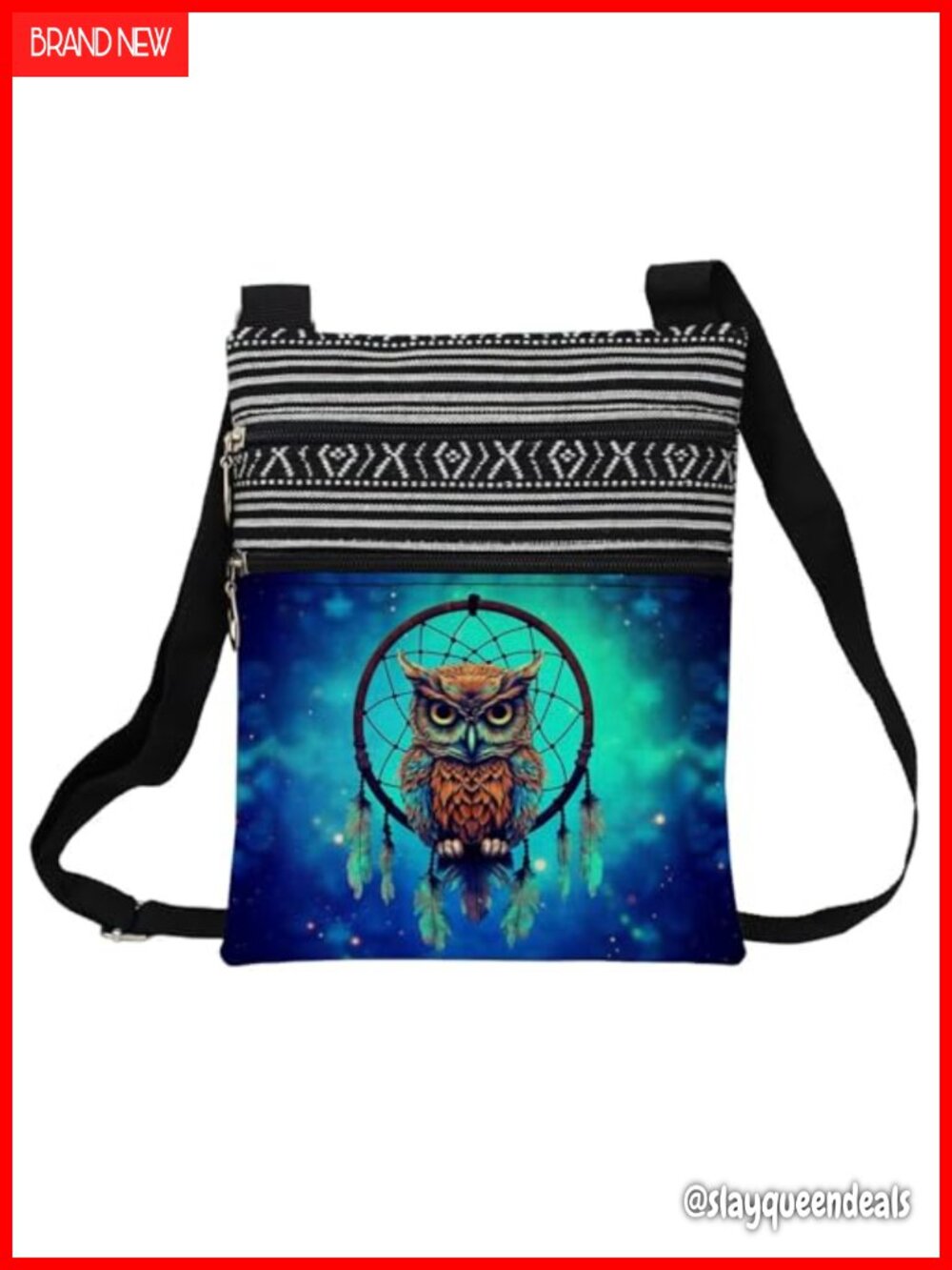 Owl Pattern Crossbody Bag Polyester Adjustable Strap Zipper Sling